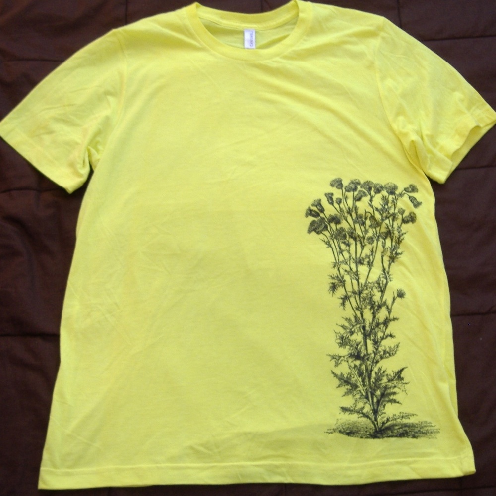 Yellow Canvas Tee Shirt Top Short Sleeve Crew Cotton Poly Blend Flowers Size L